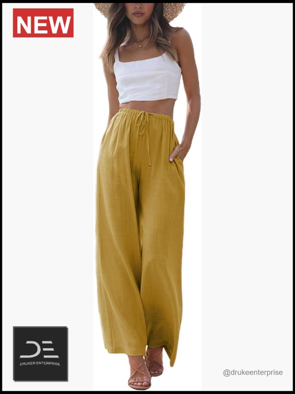 Cotton Linen Palazzo Pants Wide Leg Flowy Beach Trousers with Pockets